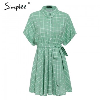 Simplee Elegant plaid sashes women dress Short sleeve A-line casual streetwear female short dress Button summer dress Light Green